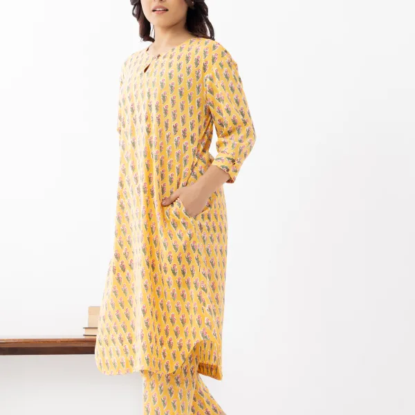Mustard Yellow Printed Cotton Kurta Set with Tapered Pants