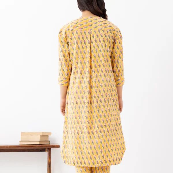 Mustard Yellow Printed Cotton Kurta Set with Tapered Pants