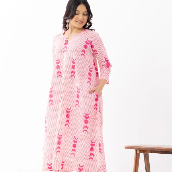 Pink White Tie Dye Print Cotton Anarkali Kurta Women Ethnic Wear