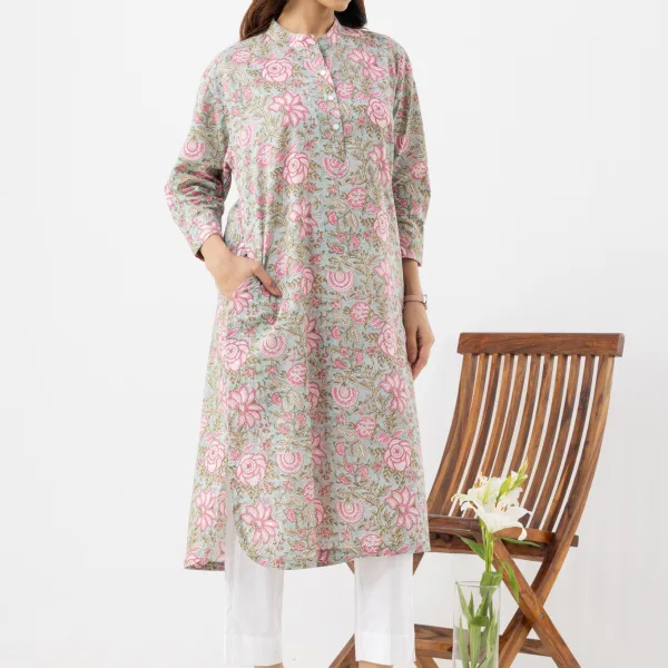 Soft Pink Floral Print Straight Kurta in Cotton