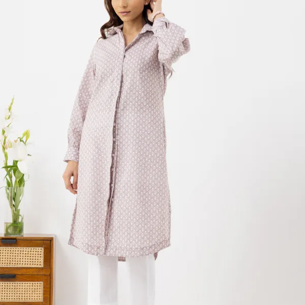 Printed Shirt-Style Cotton Kurta in Mauve Tones