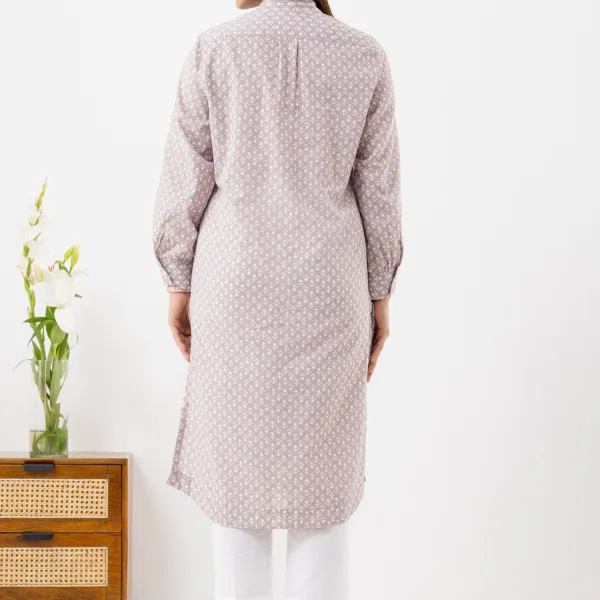 Printed Shirt-Style Cotton Kurta in Mauve Tones