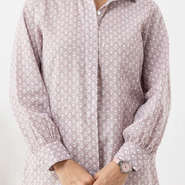 Printed Shirt-Style Cotton Kurta in Mauve Tones