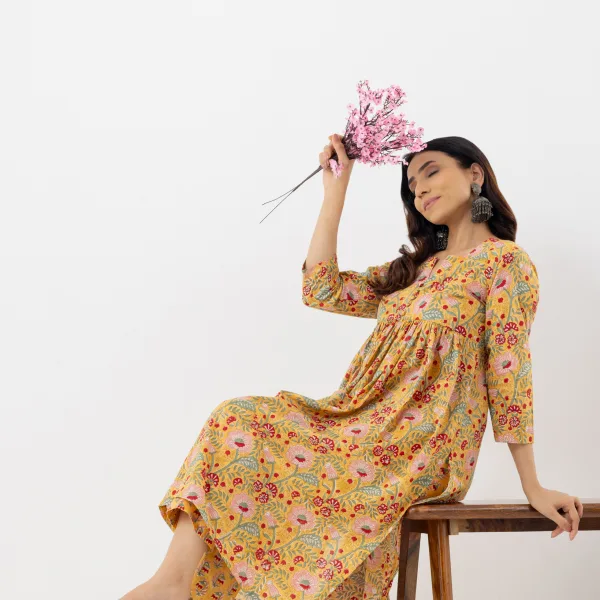 Mustard Yellow Floral Printed Cotton Kurta Set
