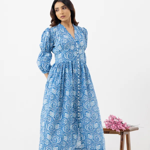 Elegant Blue Floral Printed Maxi Dress