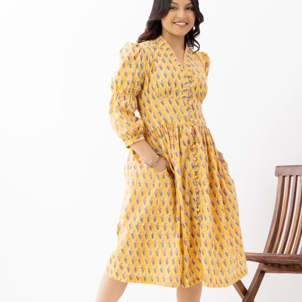 Mustard Yellow Floral Fit & Flare Midi Dress
