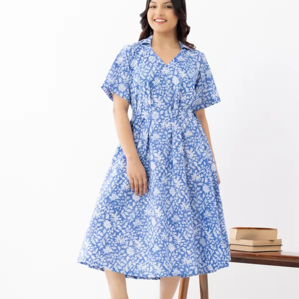 Blue Floral Printed Wrap-Style Midi Dress