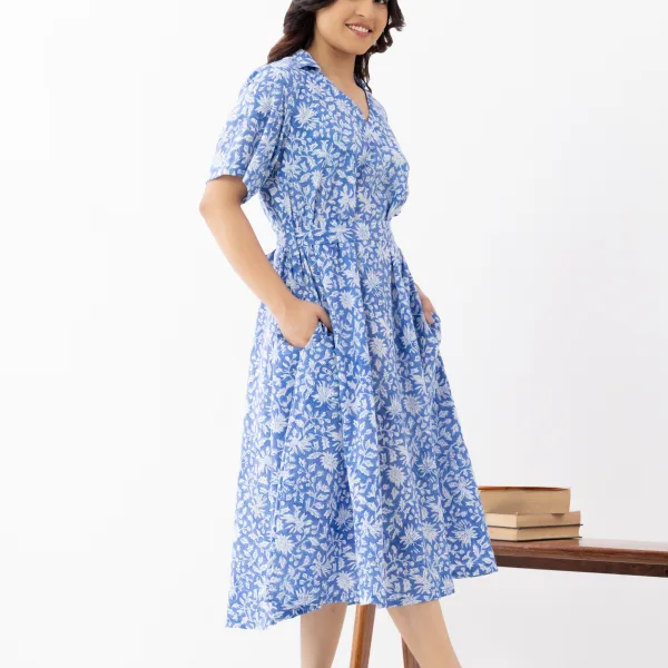 Blue Floral Printed Wrap-Style Midi Dress