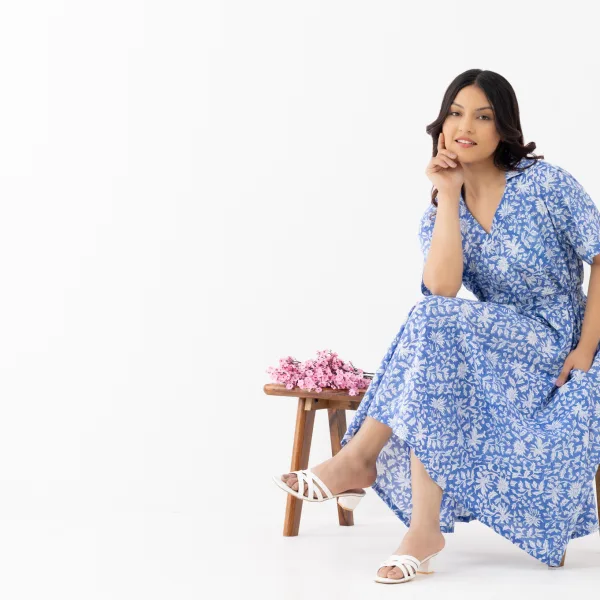 Blue Floral Printed Wrap-Style Midi Dress