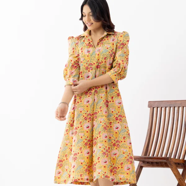 Yellow Floral Printed A-Line Midi Dress