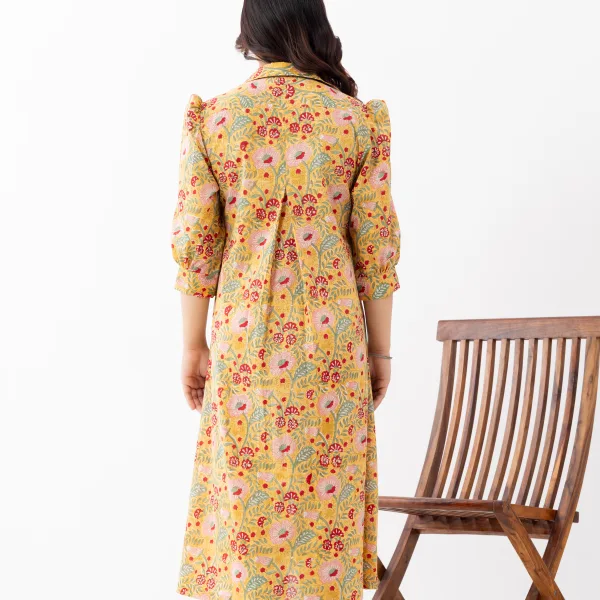 Yellow Floral Printed A-Line Midi Dress