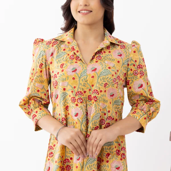 Yellow Floral Printed A-Line Midi Dress