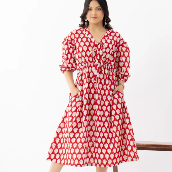 Bold Red Ethnic Printed Gathered Midi Dress