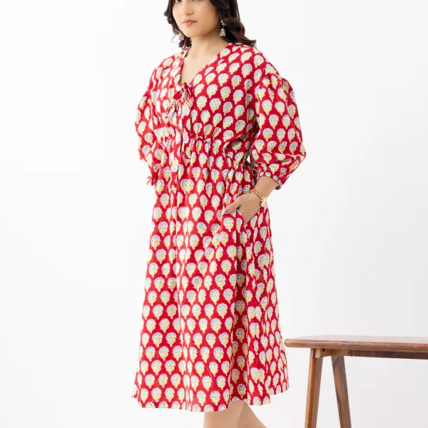 Bold Red Ethnic Printed Gathered Midi Dress