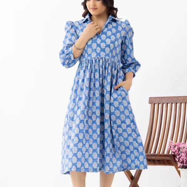 Elegant Blue Ethnic Printed Midi Dress with Drawstring Waist