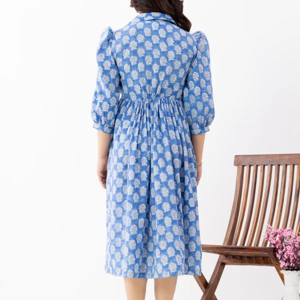 Elegant Blue Ethnic Printed Midi Dress with Drawstring Waist