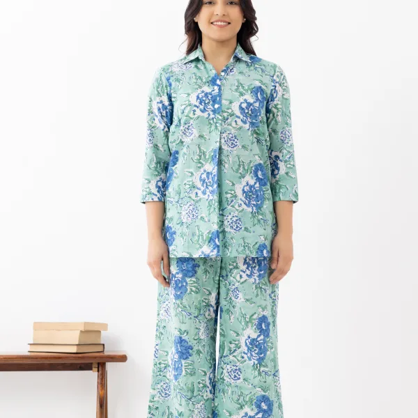 Mint Green Floral Cotton Co-ord Set for Women
