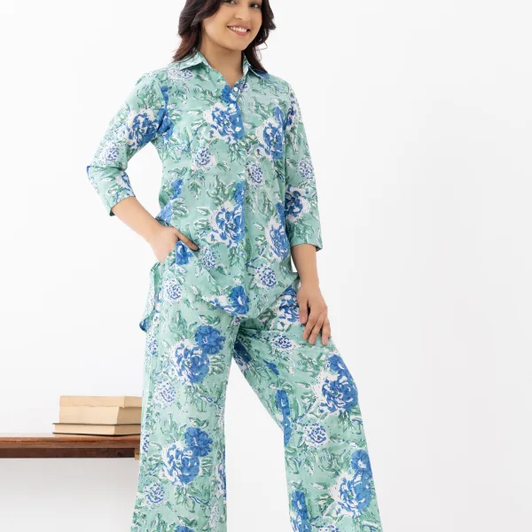 Mint Green Floral Cotton Co-ord Set for Women