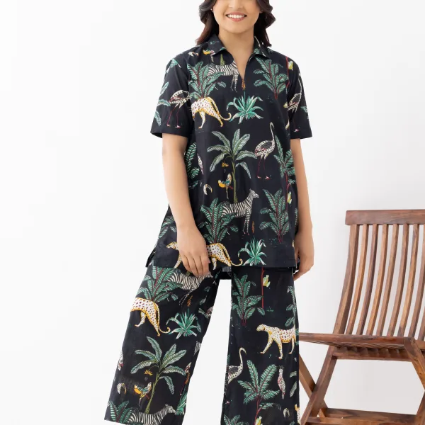 Black Jungle Print Cotton Co-ord Nightwear Set for Women