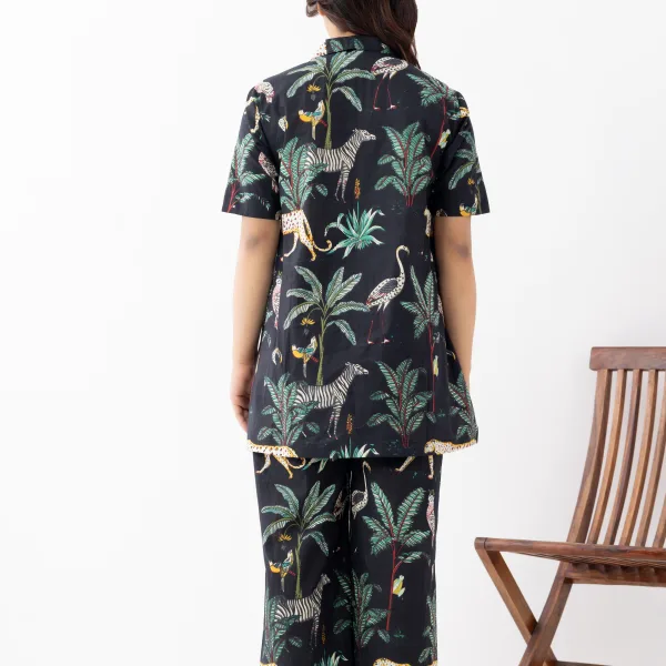 Black Jungle Print Cotton Co-ord Nightwear Set for Women