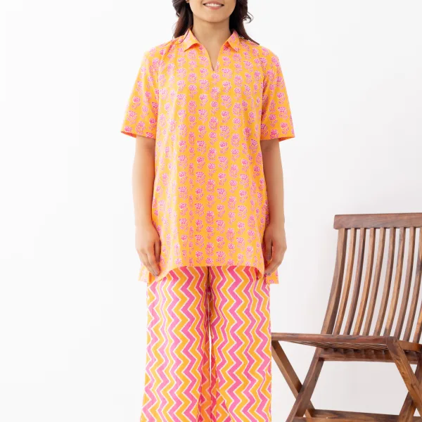 Bright Orange & Pink Printed Cotton Nightwear Co-ord Set