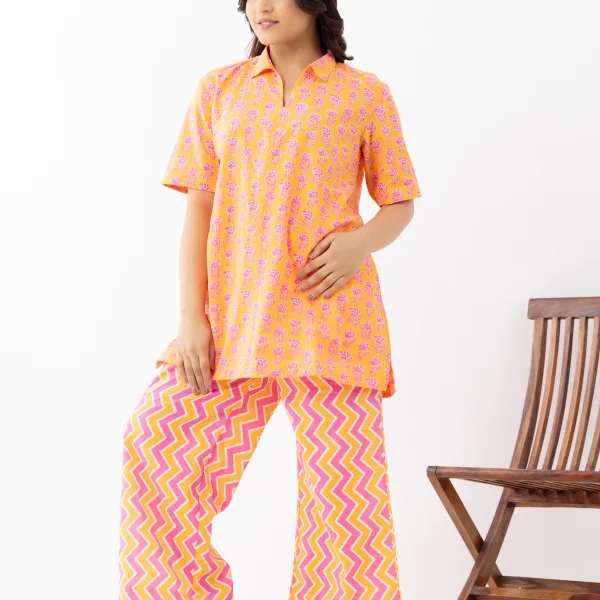 Bright Orange & Pink Printed Cotton Nightwear Co-ord Set