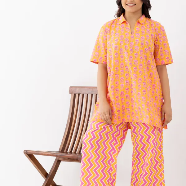 Bright Orange & Pink Printed Cotton Nightwear Co-ord Set