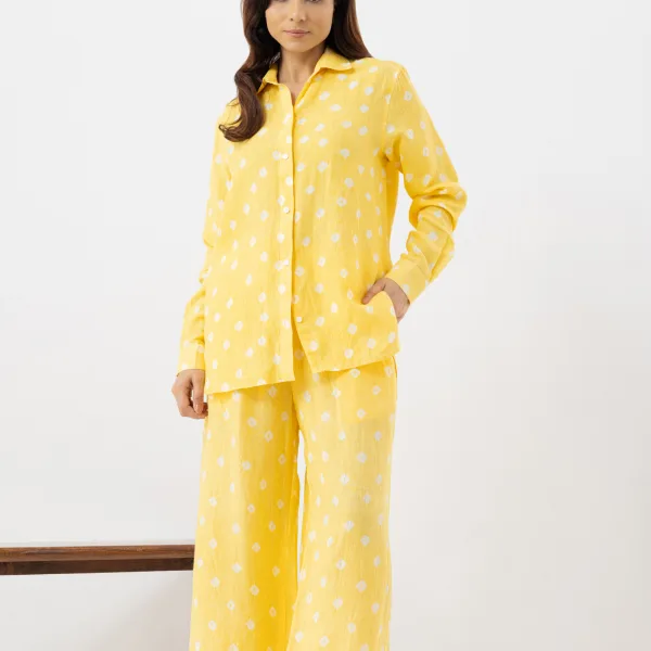 Women's Yellow Floral Cotton Co-ord Set (Full-Length Pants)