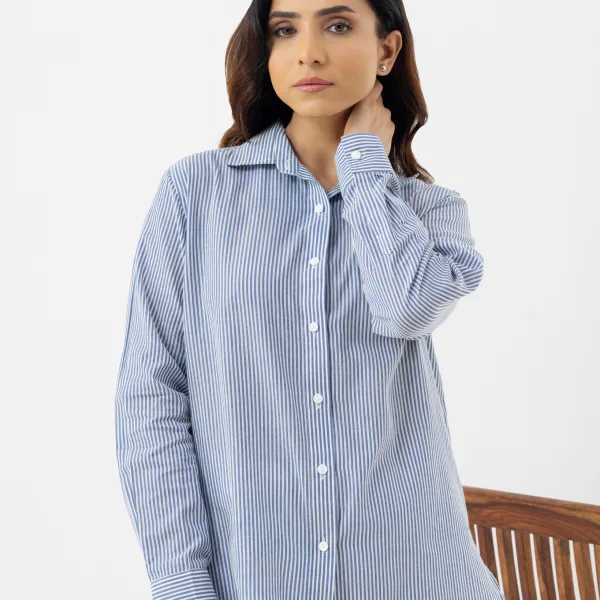 Women’s Blue Optical Stripe Linen Shirt
