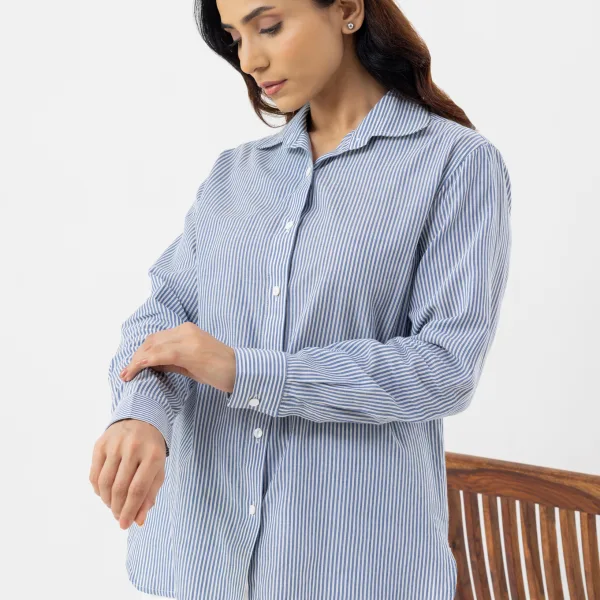 Women’s Blue Optical Stripe Linen Shirt