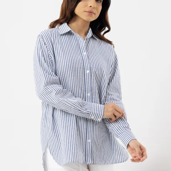 Women’s Abstract Striped Blue Linen Shirt