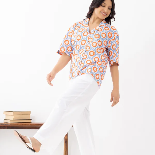 Women's Retro Floral Cotton Shirt – Orange & Blue