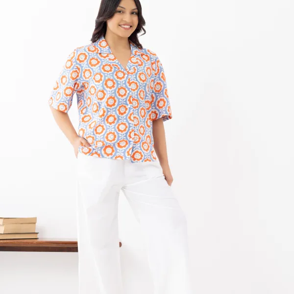 Women's Retro Floral Cotton Shirt – Orange & Blue