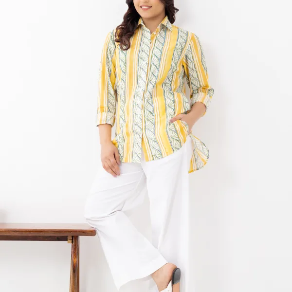 Women's Yellow & White Striped Cotton Shirt