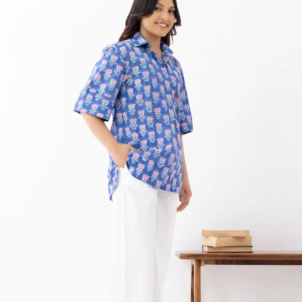 Women's Blue Printed Cotton Shirt – Back Pleat Detail