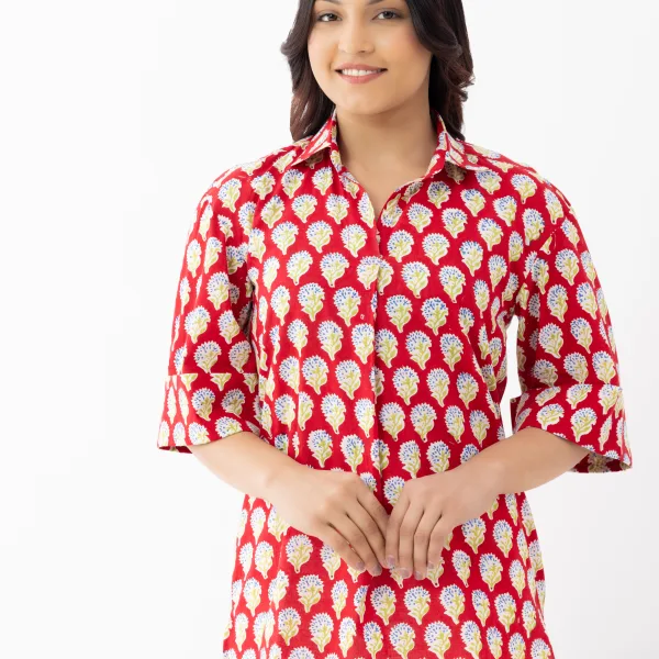 Women's Red Handblock Print Cotton Shirt
