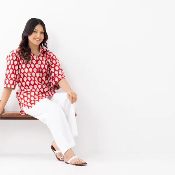 Women's Red Handblock Print Cotton Shirt