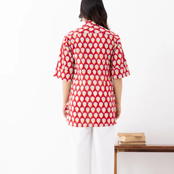 Women's Red Handblock Print Cotton Shirt