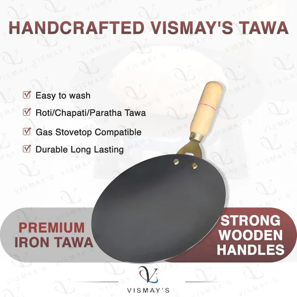 VISMAYS Iron Tawa Small Smooth Edge Wooden Handle Roti Pan