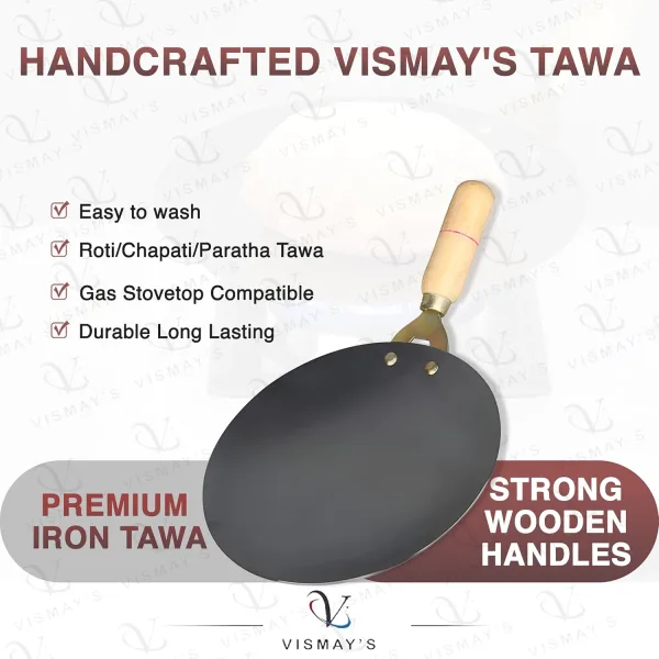 VISMAYS Iron Tawa Smooth Edges Dishwasher Safe Wooden Handle