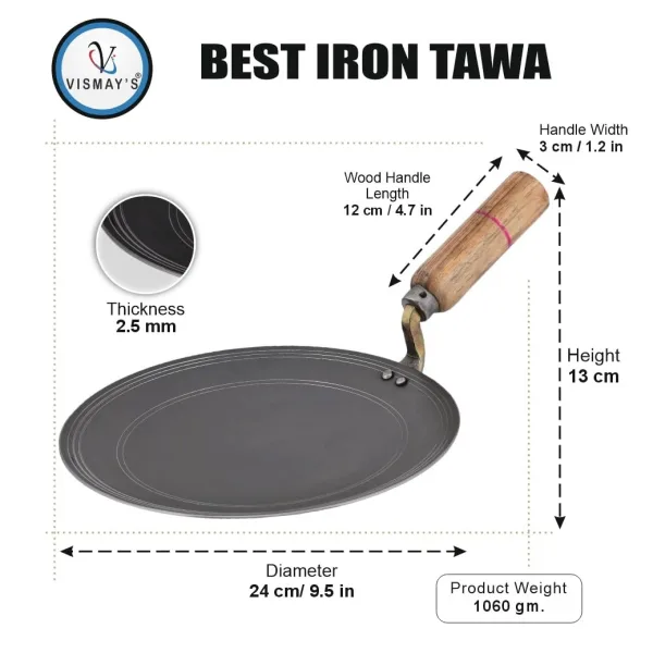 Vismays Smooth Edge Pure Iron Tawa Strong Wooden Handle