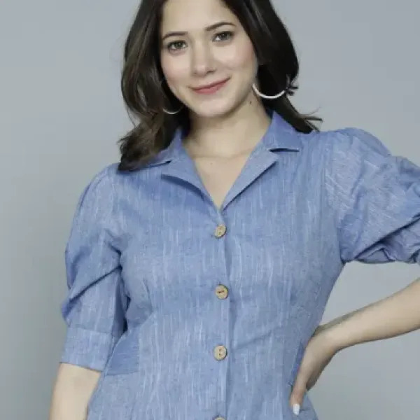 Casual Puff Sleeves Self Design Women Blue  Top