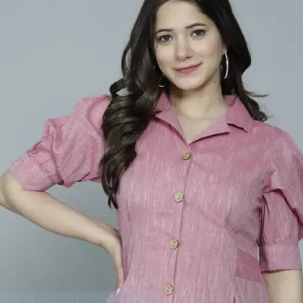 Casual Puff Sleeves Self Design Women Pink  Top