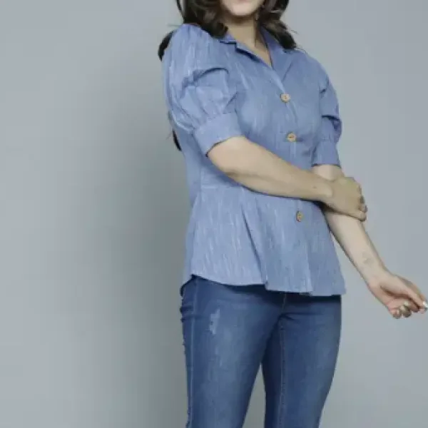 Casual Puff Sleeves Self Design Women Blue  Top