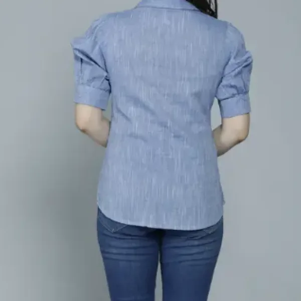 Casual Puff Sleeves Self Design Women Blue  Top