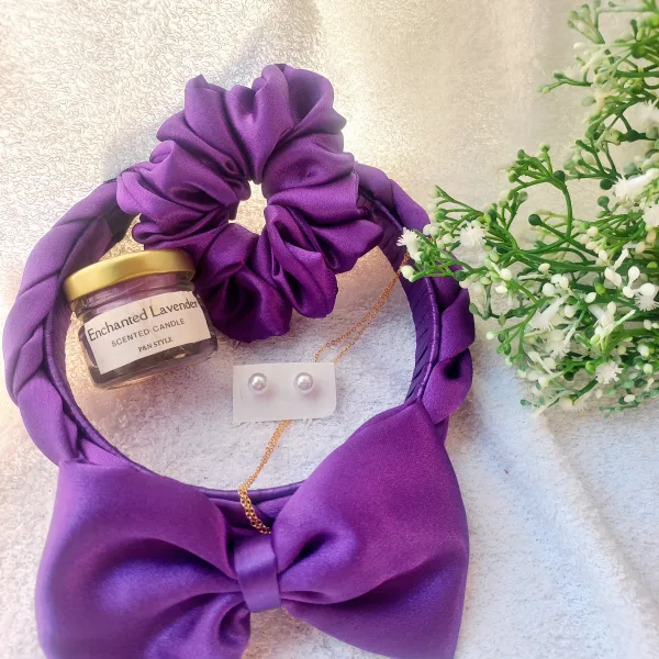Hair Accessories Gift Combo for Girl/Women (6 Pcs Set)/Best Gift for Birthday/anniversary gift/Gift Combo/Gift Hamper Braided headband, Scrunchie , Bow clip , Small pearl Ear ring, Neck chain, Small jar candle( Sandlewood 30g)