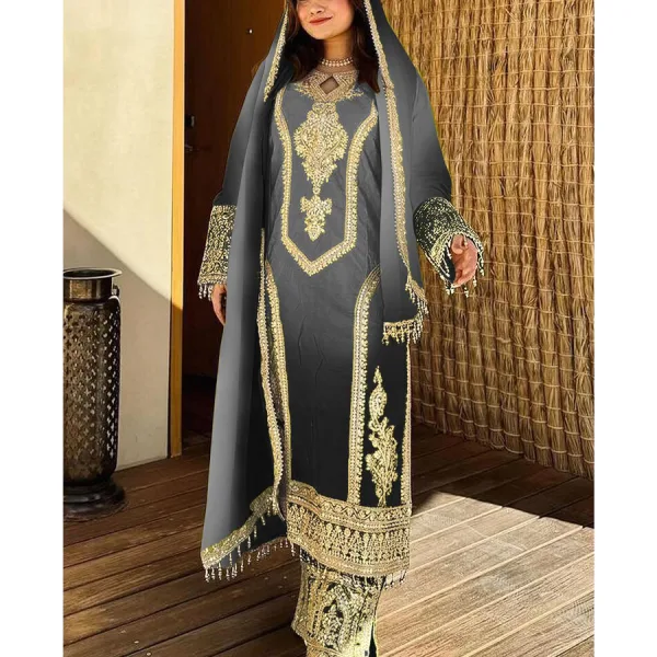 Grey Ombre Pattern Chinon Straight Suit for Women