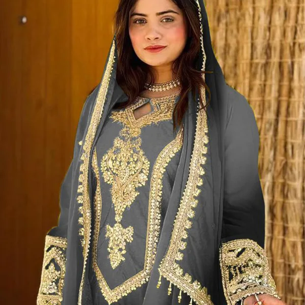 Grey Ombre Pattern Chinon Straight Suit for Women