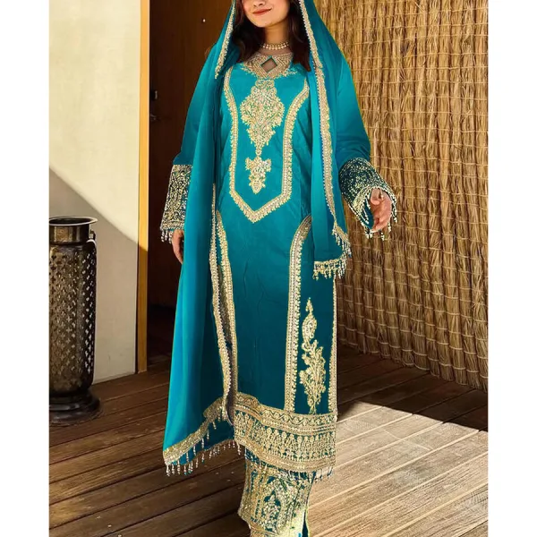 Sky Blue Ombre Pattern Chinon Straight Suit for Women
