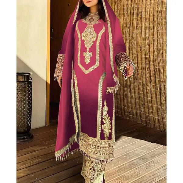 Pink Ombre Pattern Chinon Straight Suit for Women